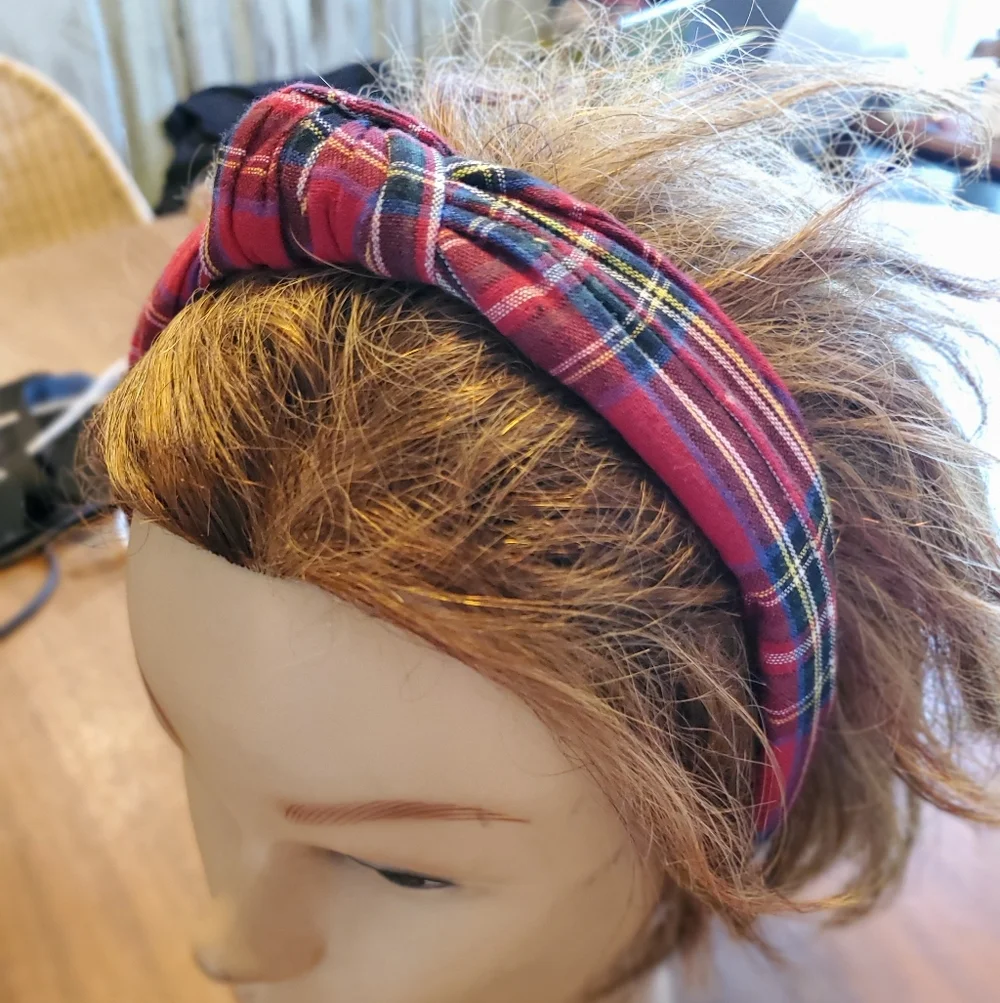 Plaid Knotted Headband - Red Tartan Fabric Fashion Hair Accessory